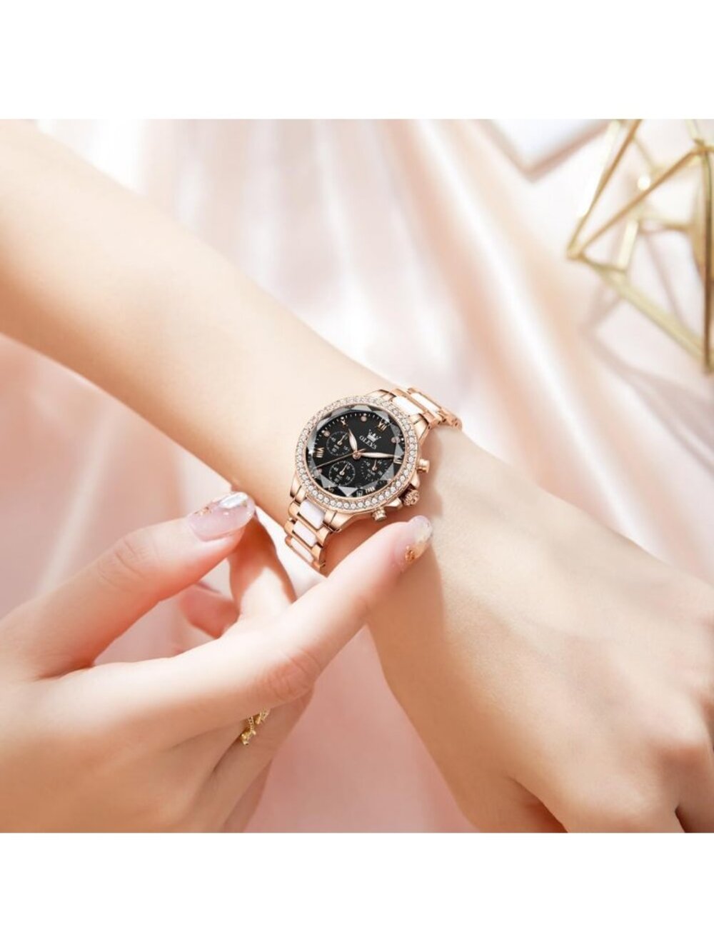 Women's Rose/Black Ceramic and Stainless Steel Bracelet Mother of Pearl Watches - Picture 3 of 6